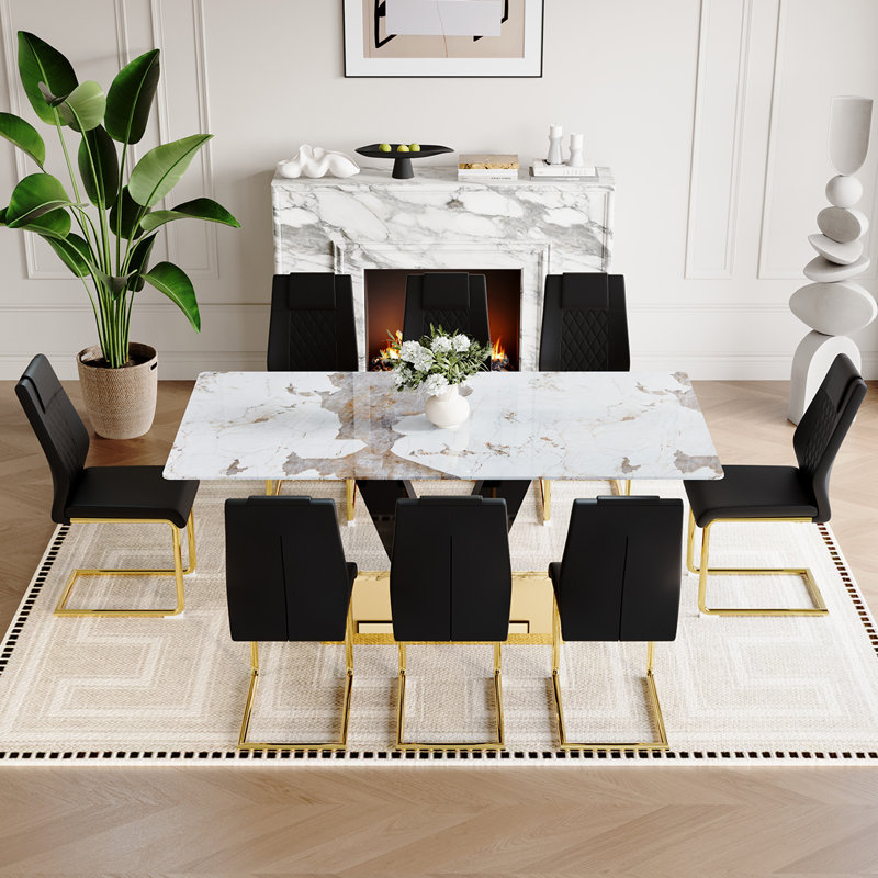 71'' Glass Dining Table Set for 8,Marble Patterned Dining Room Table Set With V-Shaped Black Glossy Pillars, Black
