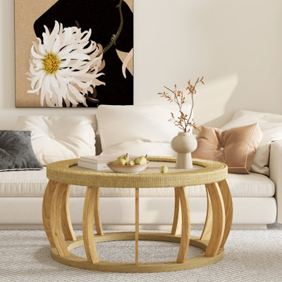 Table basse ronde vintage en bois massif de 91 cm (35,85 po), pieds incurvés, style rustique côtier, pieds pour une stabilité optimale