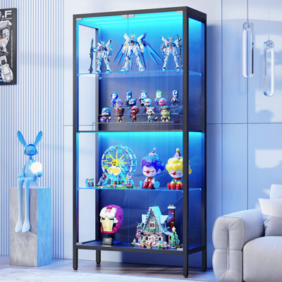 Display Case With Glass Doors, 4-tier Curio Cabinets With 3 Color Lights For Collectibles, Glass Display Cabinets With Human Body Sensor, Storage Cabinets With Adjustable Glass Shelves, Bookcase