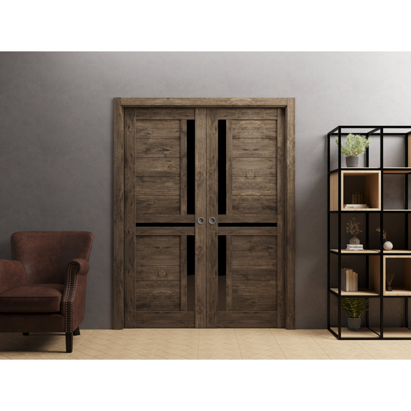 Portes coulissantes doubles à galandage avec verre dépoli Veregio 7588 Chêne Cognac Ensemble de garnitures, quincaillerie de rail, bois massif, intérieur de chambre, portes robustes 48 po x 84 po (2 x 24 x 84 po)