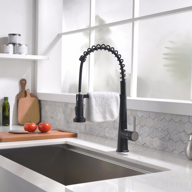 Robinet de cuisine moderne à ressort noir commercial avec pulvérisateur rétractable, pour évier de cuisine