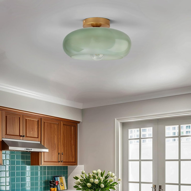 Mid-Century Modern Semi Flush Mount Ceiling Light, Kitchen Ceiling Light Fixture With Glass Shade,Vintage Close To Ceiling Lamp For Entryway Hallway Bathroom(Green Lampshade-Lamp Holder)