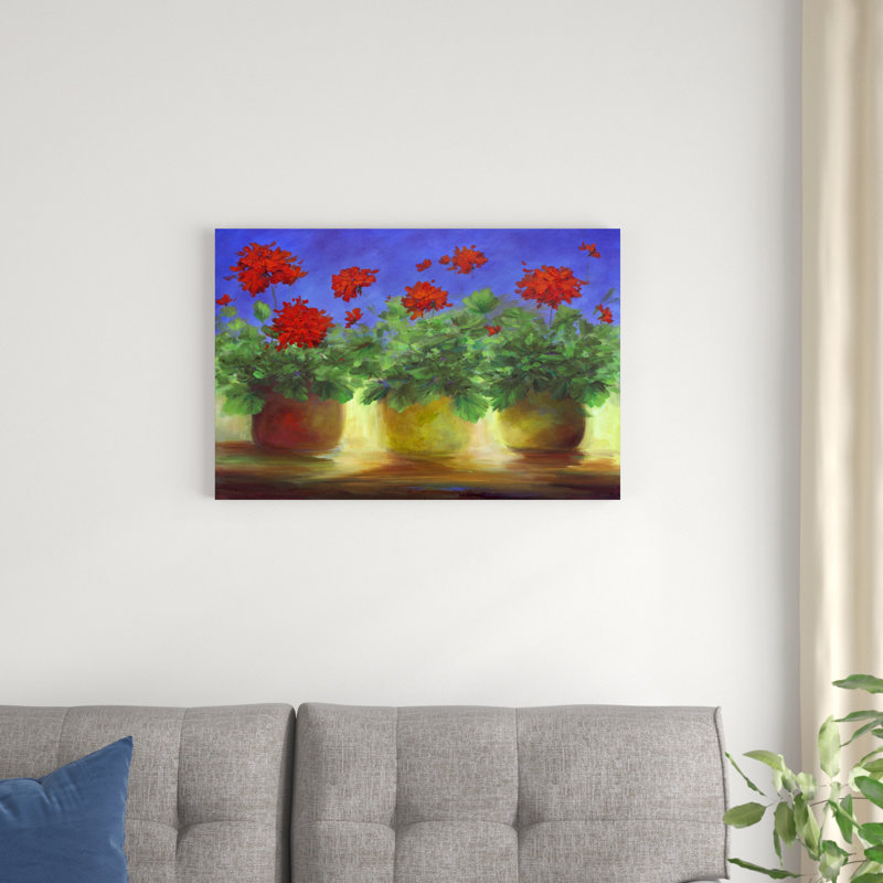 «Geraniums II» par Sheila Finch - peinture sur toile tendue, H 20 po x l 30 po x P 1,25 po