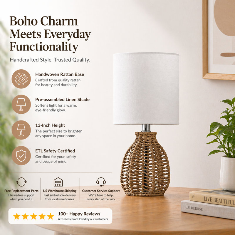 Bailes 13" Boho Paper Rope Rattan Table Lamp Pre-Assembled Shade for Bedroom Living Room Desk