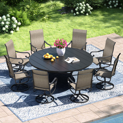 9 Pieces Patio dining set with 60" Round Dining Table and 8 Textilene Swivel Chairs