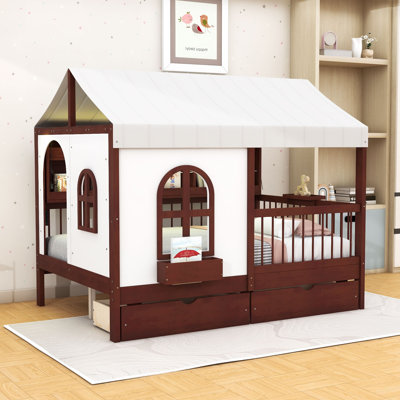 Full Size House Bed with Smart Features and Drawers,Shelves