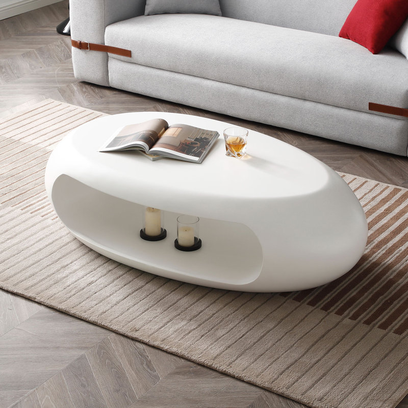 Table basse ovale, table basse en fibre de verre robuste, H 15,74 po x L 29,92 po x l 53,93 po, Blanc