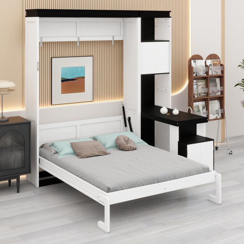 Lit escamotable rabattable avec bureau intégré et tablettes de rangement