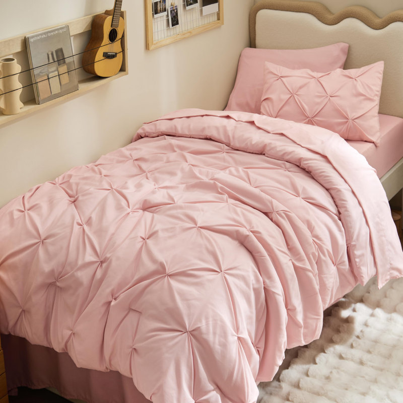Bedsure Twin/Twin-XL Burgundy Pintuck Bed-in-a-Bag - Pink Pinch Pleat Comforter Set with Sheets, Pillowcases & Shams for Dorm Room(Set of 5)