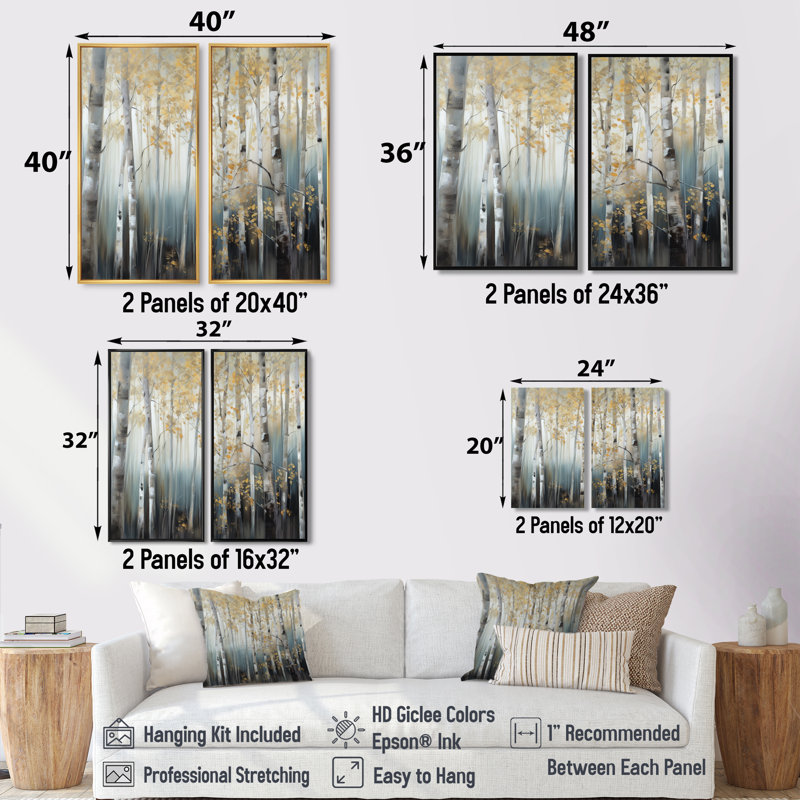 «Birch Tree Dense Forest» - Art mural grand arbre 2 pièces, Black, 36" H x 48" W, Impression encadrée flottante