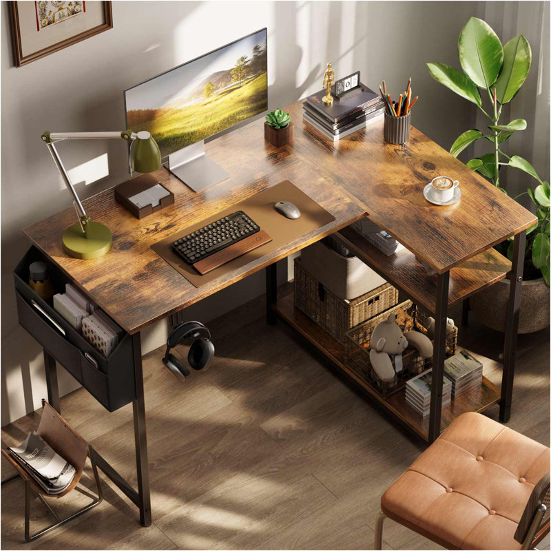 Modular L-Shaped Steel Computer Desk, Brown/Black