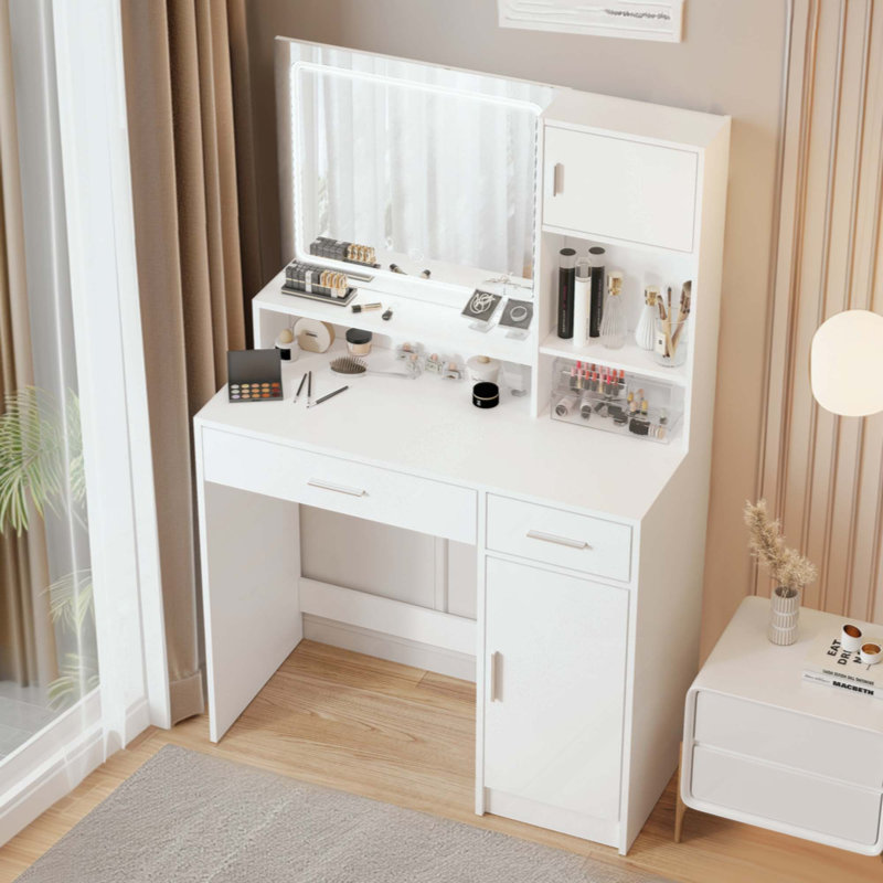 Bureau de coiffeuse avec miroir et bande lumineuse à DEL, coiffeuse avec grand tiroir, commode de rangement à 3 niveaux et 3 modes d'éclairage à luminosité réglable, convient à la chambre à coucher