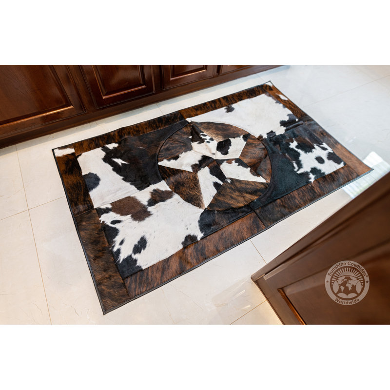 Tricolor Patchwork Cowhide Rug, Star & Longhorn