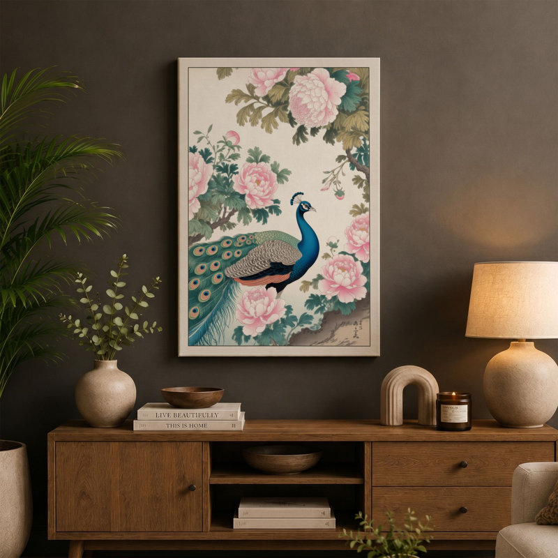 Peacock Among Roses Japandi - Wrapped Canvas, 36x24 - 91.4 x 61.0 cm, Taupe Border