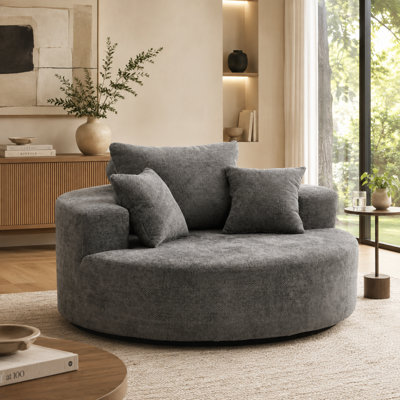 Fauteuil lounge rond surdimensionné de 140 cm en chenille avec 3 coussins, canapé rembourré en forme de nuage - Gris