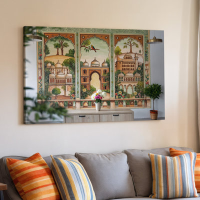 Toile une scène intérieure sereine mettant en vedette un art mural magnifiquement peint d'inspiration par Traditional Indian Architecture mettant en vedette l'art mural sur toile
