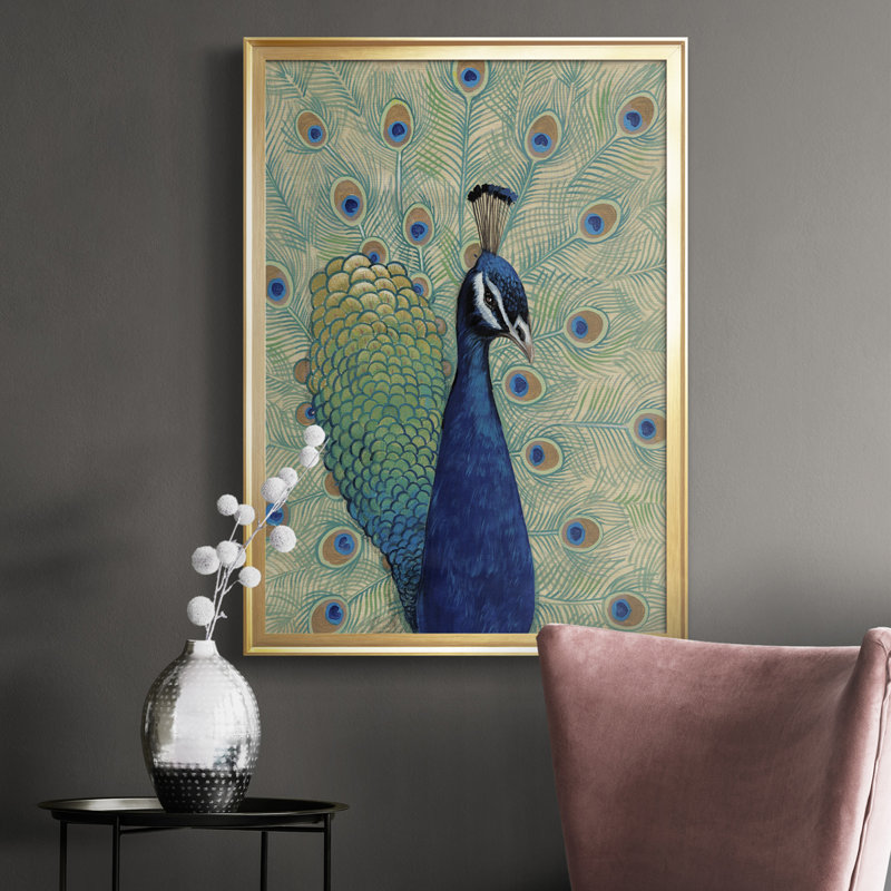 «Blue Peacock I», toile encadrée de qualité supérieure - prête à être accrochée, H 36,5 po x l 26,5 po x P 1 po, Cadre doré