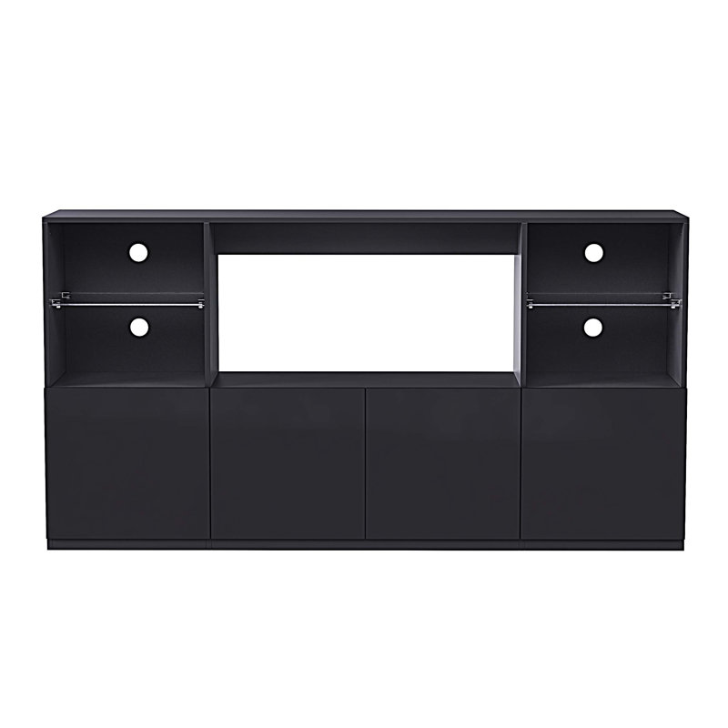 High Gloss TV Stand With LED Lights, Modern Sideboard With Large Storage Cabinet, Media Console With Tempered Glass Shelves For Tvs Up To 75", Living Room, Black, 67"Wx13.7"D