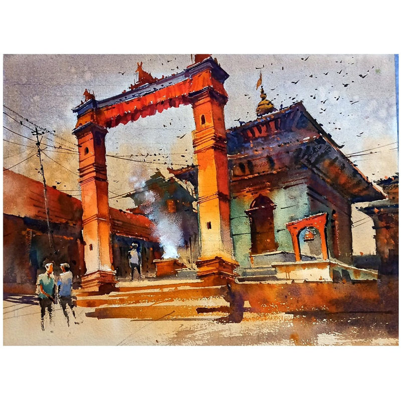 Temple à Katmandou | Aquarelle sur papier | Par Praween Karmakar
