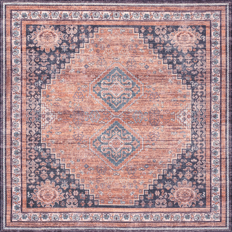 Lesandra Geometric Medallions Machine-Washable Terracotta/Navy Rug, Square 5'3"