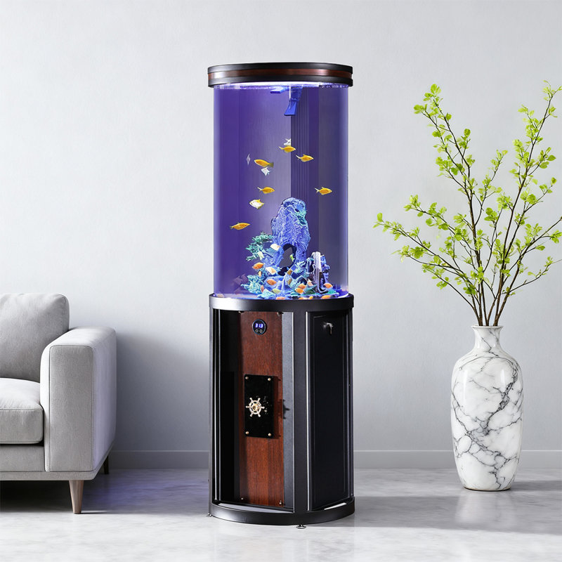 Aquarium cylindrique en acrylique avec cadre en fer, Noir