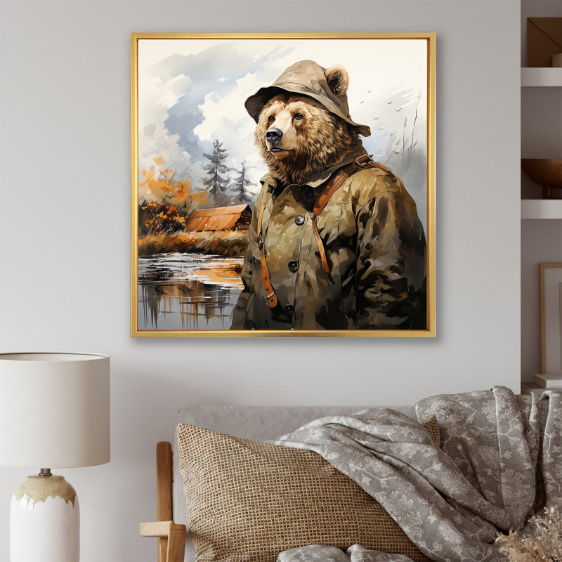 Ours en costume détective campagne II - ours 2, art mural, Cadre flottant doré, H 16 po x l 16 po x P 1 po