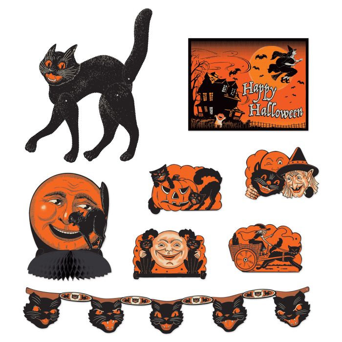 Déco d'Halloween rétro Beistle - ensemble de 8 pièces de décoration d'Halloween rétro avec centre de table articulé pour chat, chat et lune, découpes, banderole de chat et signe Happy Halloween