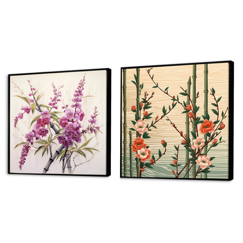 Bamboo and Plum Blossoms - Ensemble de 2 collages carrés en bambou, Cadre flottant noir, H 16 po x l 33 po