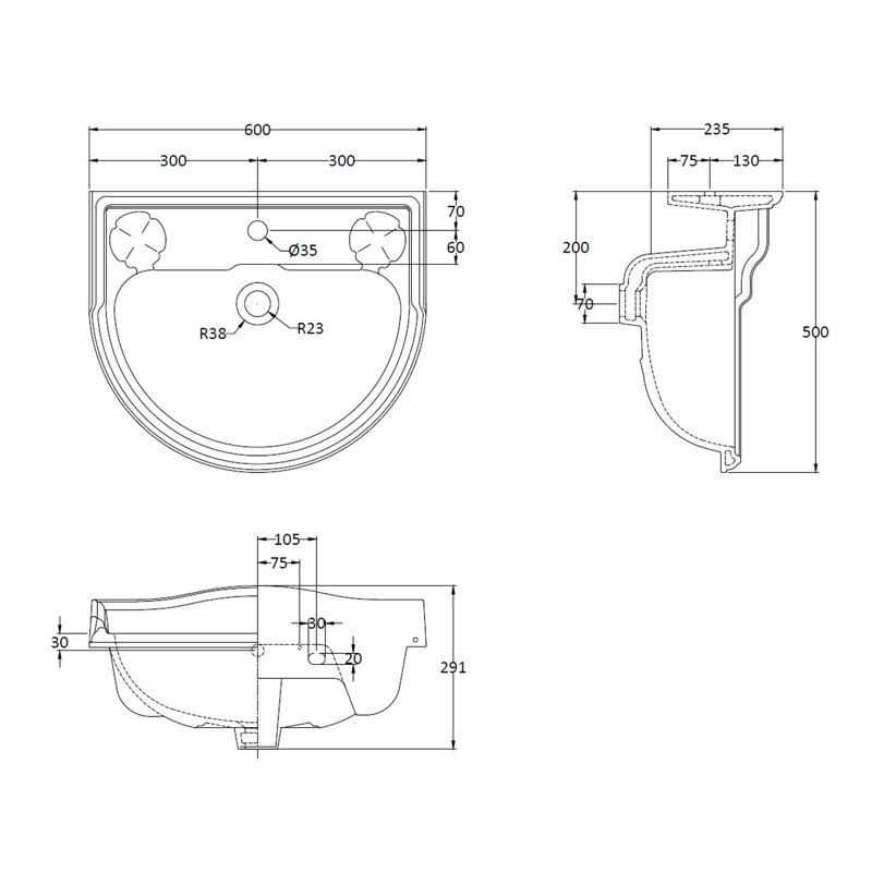 Nuie Porchester White Vitreous China U-Shaped Pedestal Basin Sink with Overflow, 29.1cm H x 60cm W x 50cm D