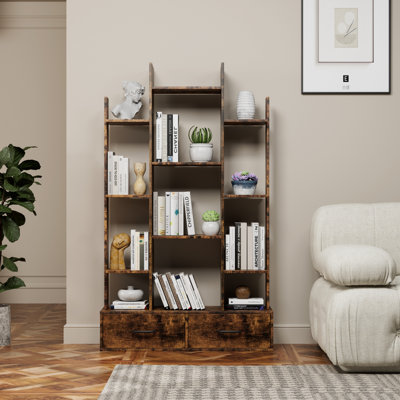 Industrial Style Bookshelf With 2 Drawers And 12 Open Shelves Ideal For Displaying And Organizing Your Belongings