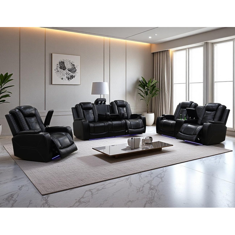 Ensemble de canapé inclinable électrique en cuir 3 pièces avec lumières DEL, chargeur sans fil, console de rangement et table rabattable