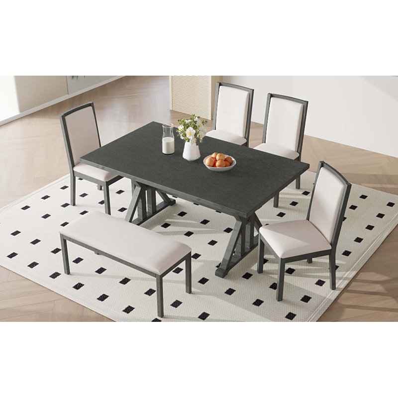 Table de salle à manger 6 pièces avec 4 chaises rembourrées et banc Farmhouse Classical, Gris