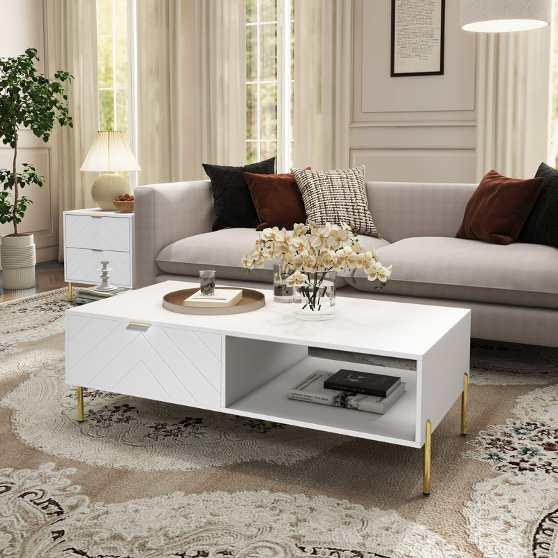 Mid-Century Modern Coffee Table with Double Drawers, White