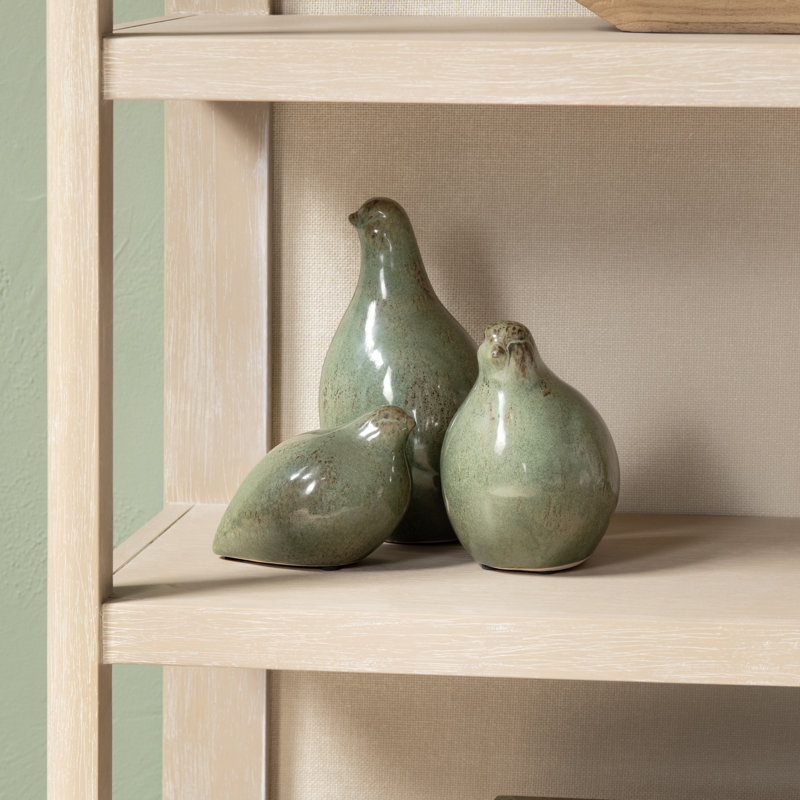 3 Piece Green Ceramic Partridge Statue Set
