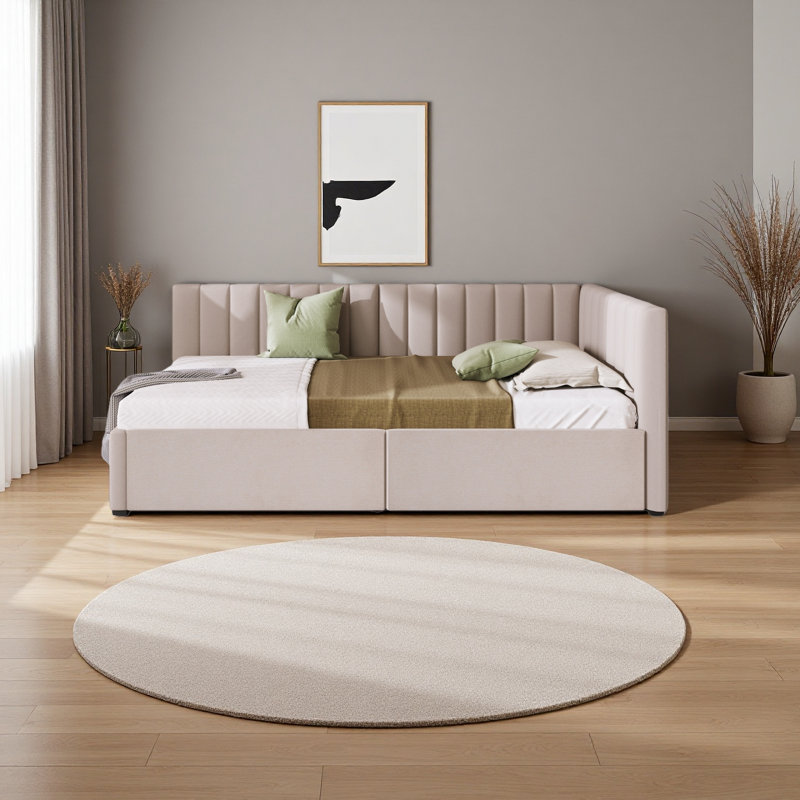 Upholstered Daybed With 2 Storage Drawers Twin Size Sofa Bed Frame No Box Spring Needed, Linen Fabric, Beige