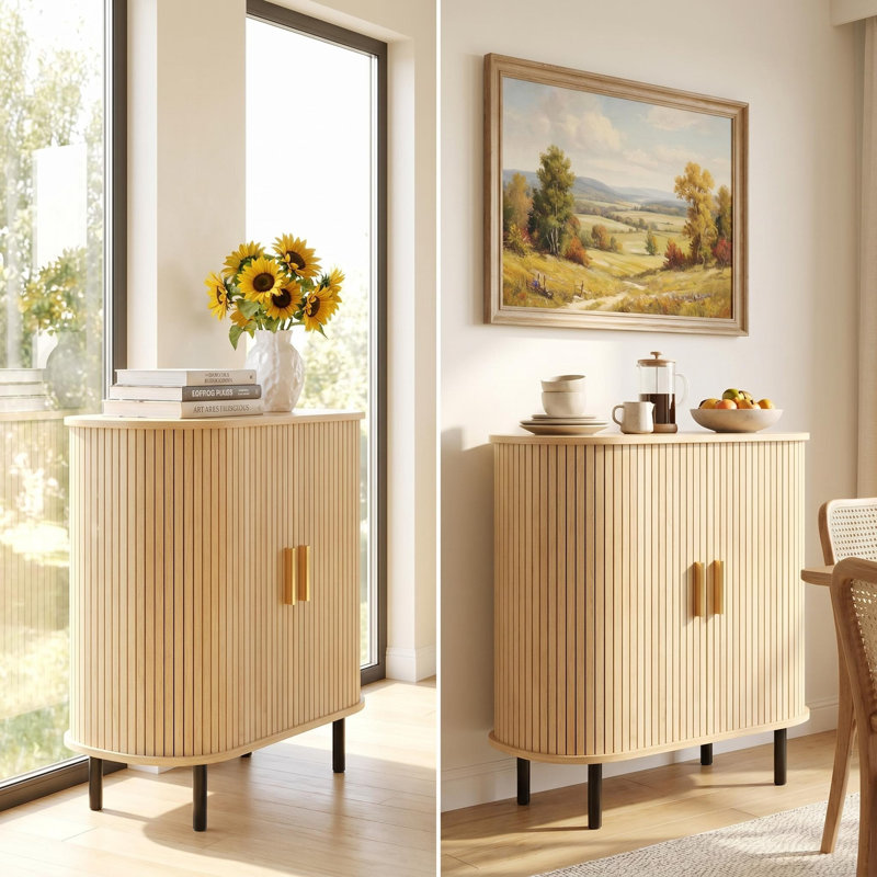 Modern Farmhouse Bar Cabinet with Wine Rack & Glass Holder,  Kitchen Sideboard with Storage, Natural
