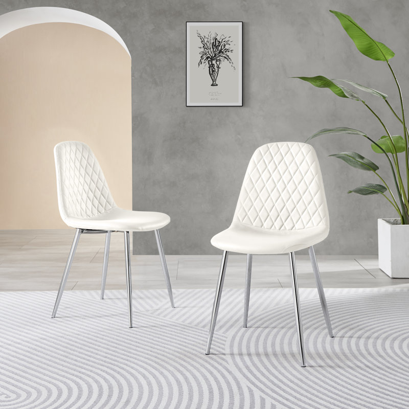 Faux Leather Modern Dining Chairs with Metal Tapered Legs & Diamond Stitching, White, Silver