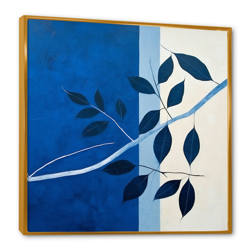 Silhouette de feuilles bleues saphir II, Cadre flottant doré, H 30 po x l 30 po x P 1 po