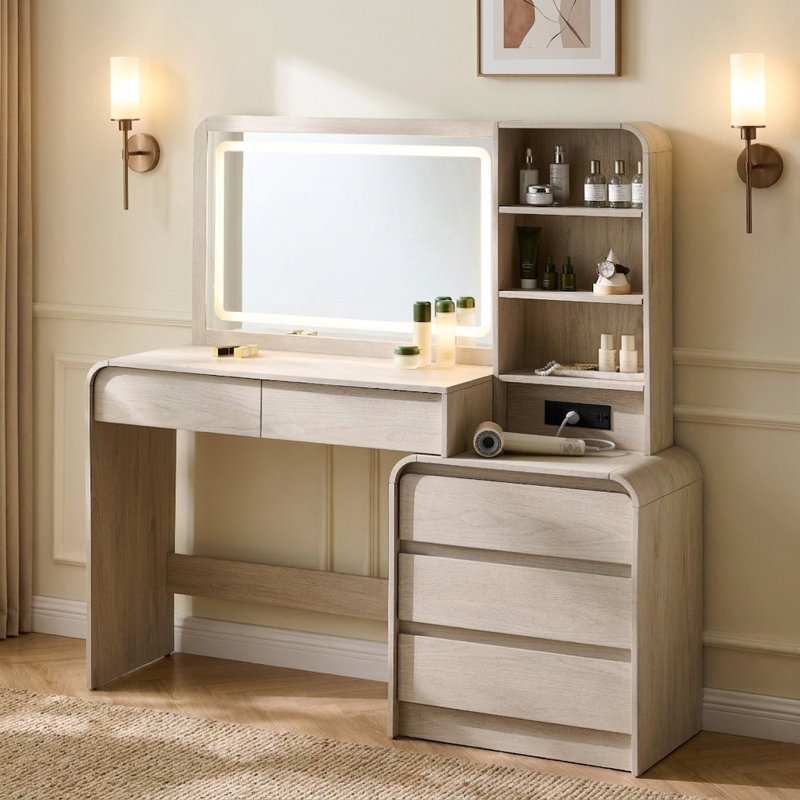Grand meuble-lavabo moderne l 55 po avec 5 tiroirs et tablettes réglables, miroir lumineux à DEL et prises de courant pour la chambre à coucher