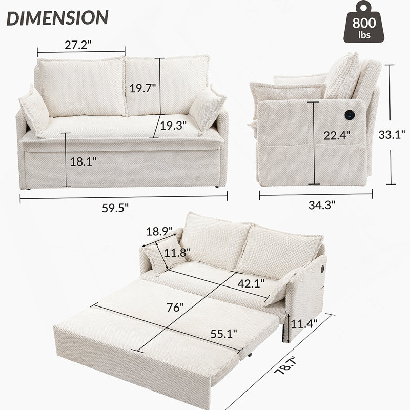 Canapé-lit convertible polyvalent avec rangement latéral et ports de charge perfectionnés pour toutes les pièces, Blanc