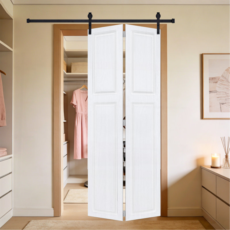 2 panneaux pliables de 84 po x 42 po Porte de grange coulissante en bois de noyer blanc avec ensemble de quincaillerie, 1
