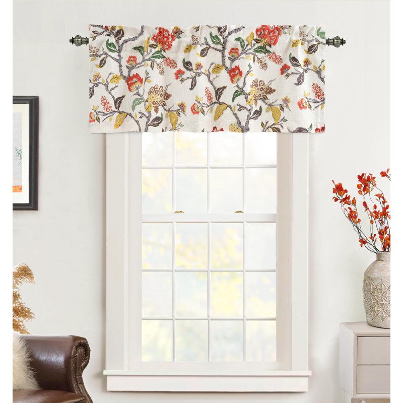 Ada Botanical Print Lined Flower Leaf Thermal Insulated Linen Blend Window Valance Rod Pocket, 52" W x 18" L