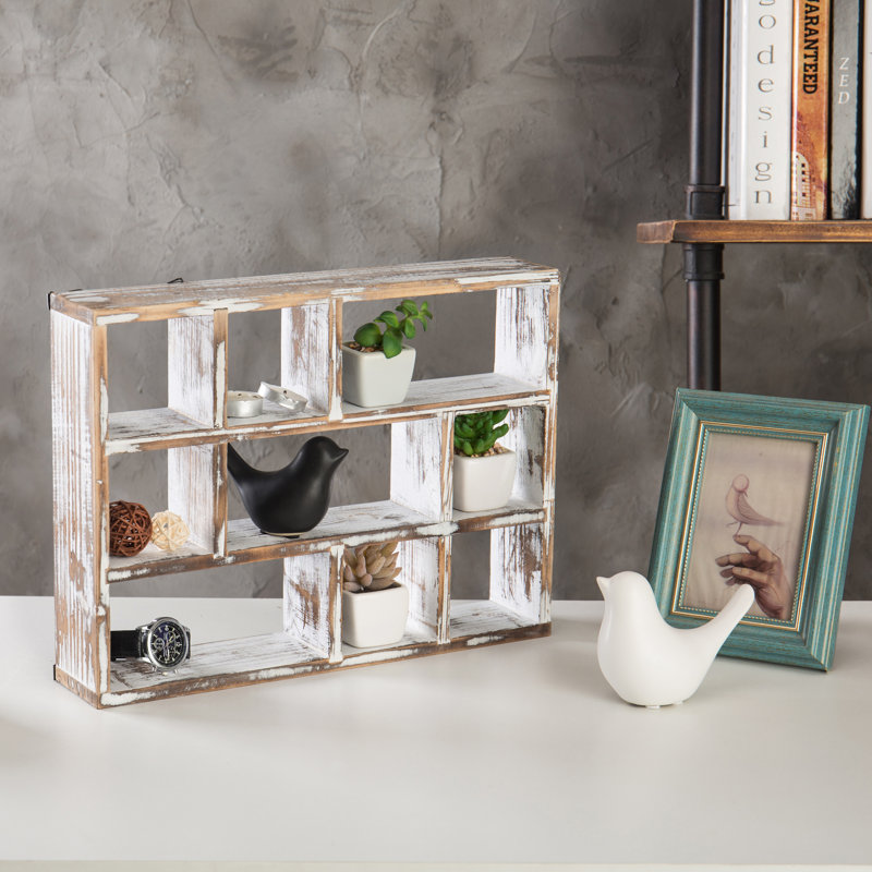 9 Piece Pine Solid Wood Floating Shelf, Whitewashed