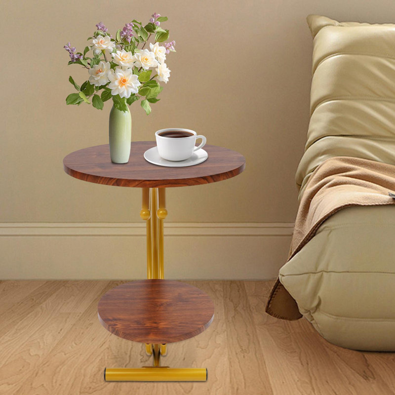 2-Tier Round End Table Side Table, Brown Wood, Gold