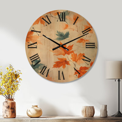 Horloge murale décorative botanique orange « Feuilles d'érable d'automne », imprimée sur bois