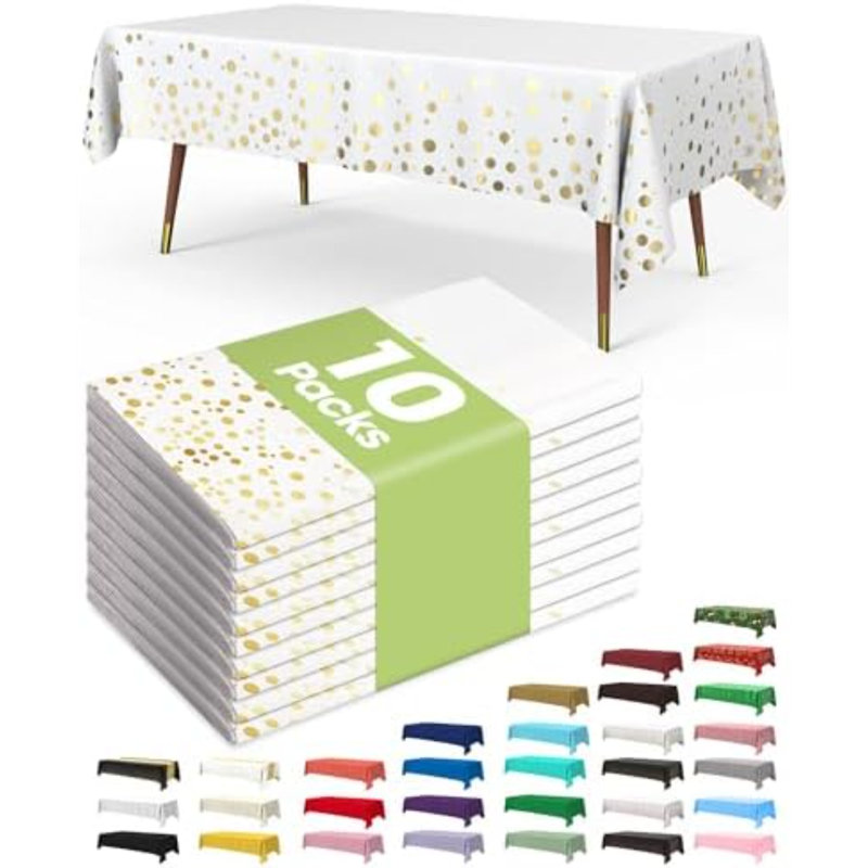 Plastic Table Cloth Disposable 10 Pack, 54 x 108 Inch Table Cloths, Graduation Decorations Class of 2025, Graduation Tablecloths, Rectangle, Plastic Cover, Leakproof & Sturdy, White and Gold