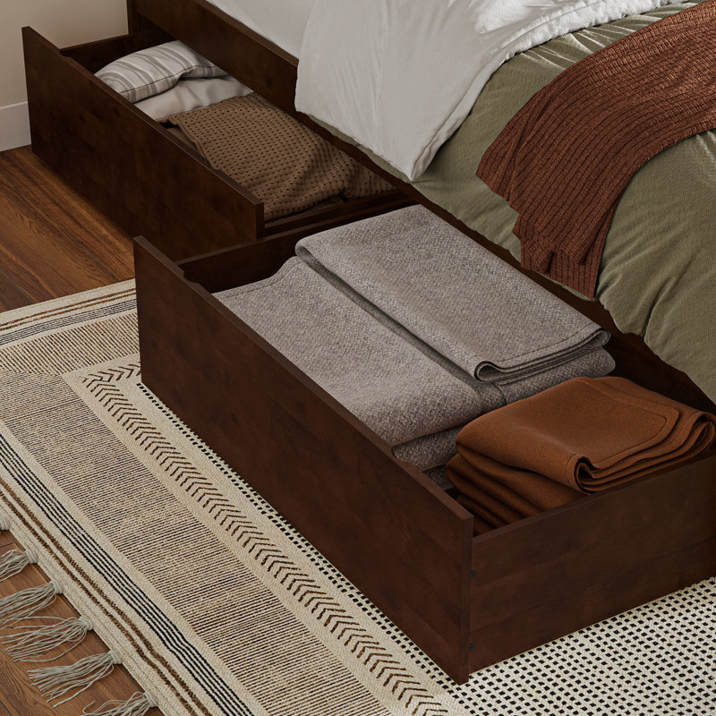 Nantucket Solid Wood Platform Bed with Panel Footboard and Storage Drawers, Full / Double, Walnut
