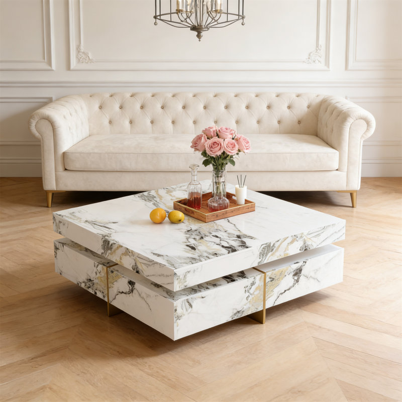 Table basse moderne carrée en marbre avec 4 tiroirs, pieds en métal doré et base suspendue - meubles de salon de 43,3 po
