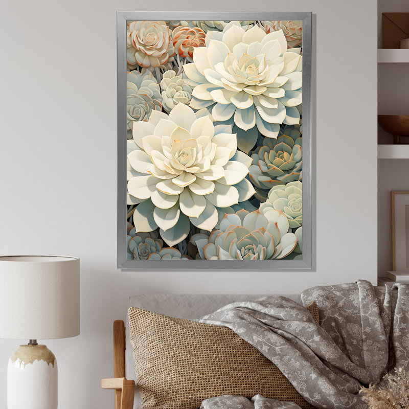Beige succulent doux Bloom II, Cadre simple argenté, H 44 po x l 34 po x P 1,5 po