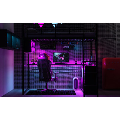 Lit mezzanine en métal avec fonction à DEL, bureau et solutions de rangement à 4 tablettes pour l'espace - Agencement de bureau noir